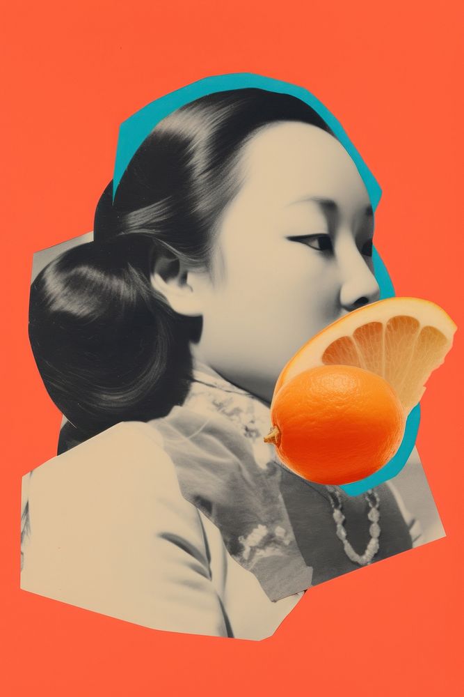 Mixed media collage art represent of traditional chinese cultural photography grapefruit portrait.
