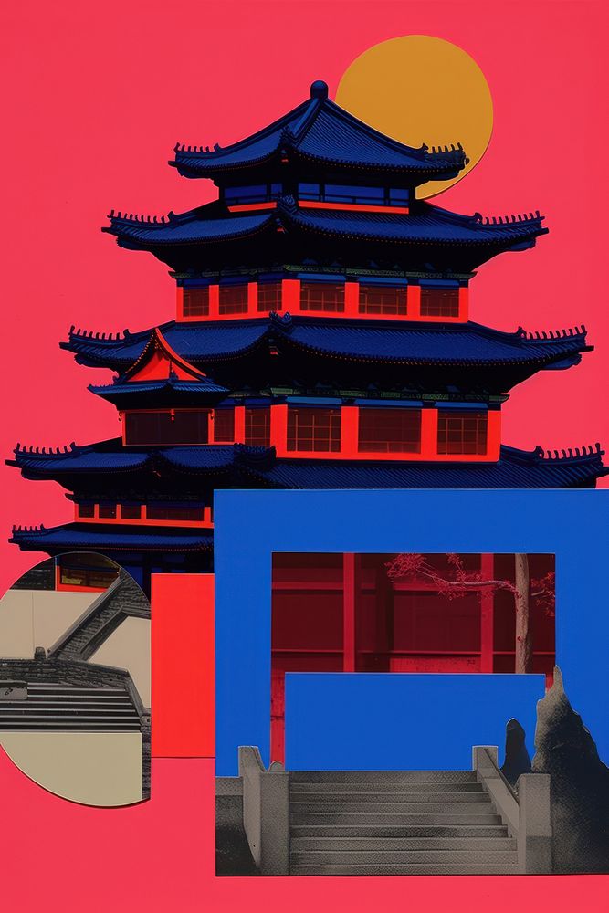 Mixed media collage art represent of traditional chinese cultural architecture building worship.