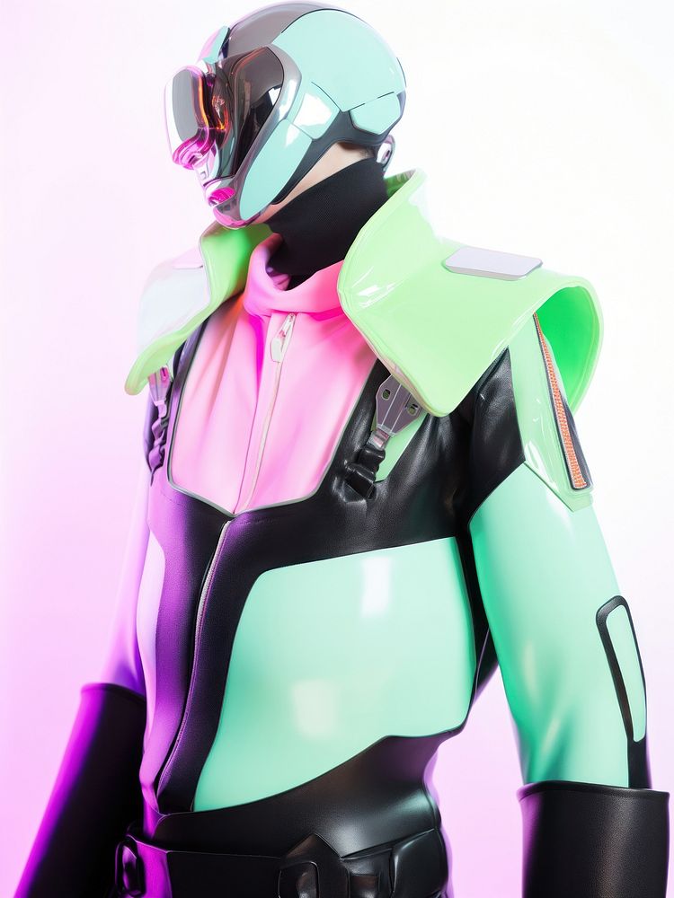 A cybernatic man wearing futuristic outfit clothing apparel costume.