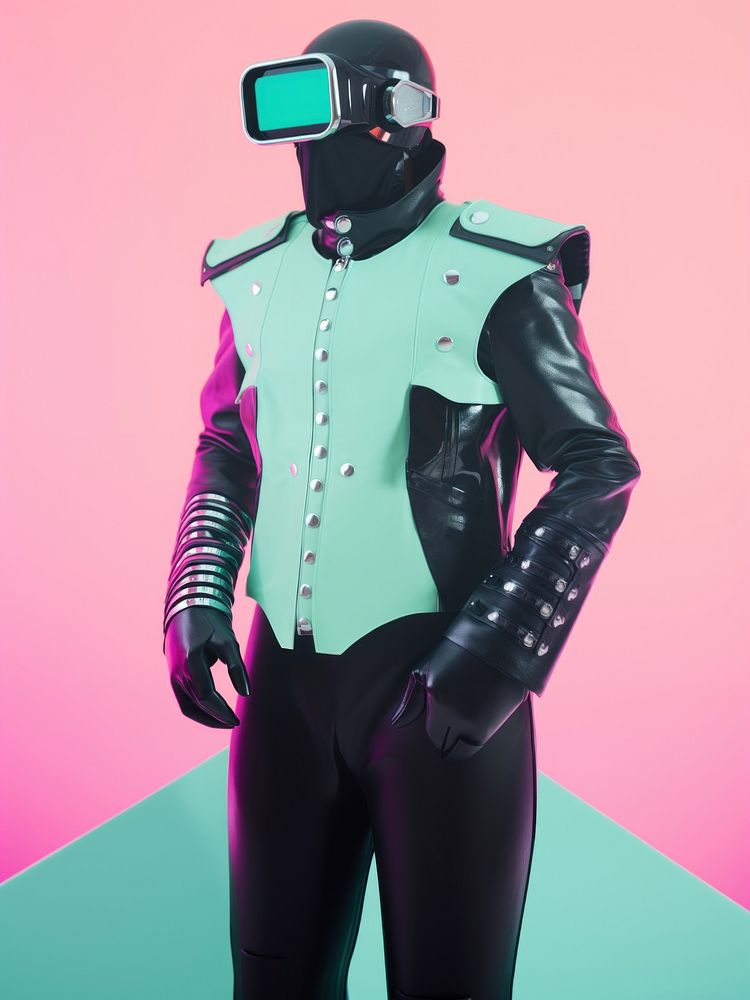 A cybernatic man wearing futuristic outfit clothing apparel costume.