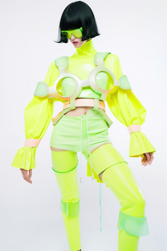 Photograph of A fashion model wearing futuristic outfit clothing apparel costume.
