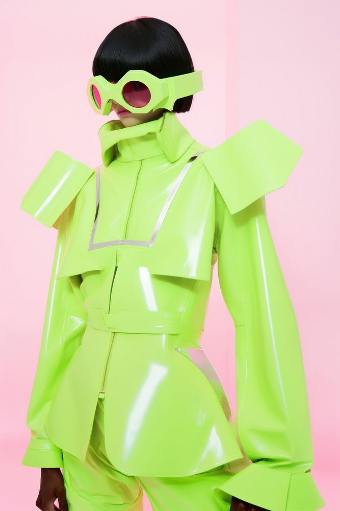 Photograph of A fashion model wearing futuristic outfit clothing apparel person.