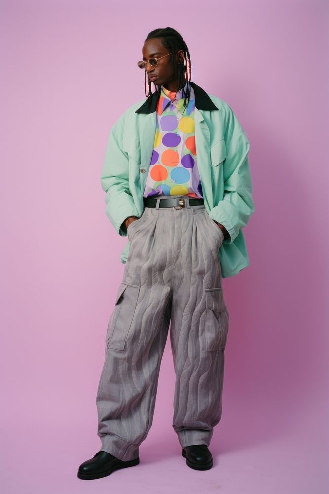 Y2k fashion shoot of a black man purple adult individuality.