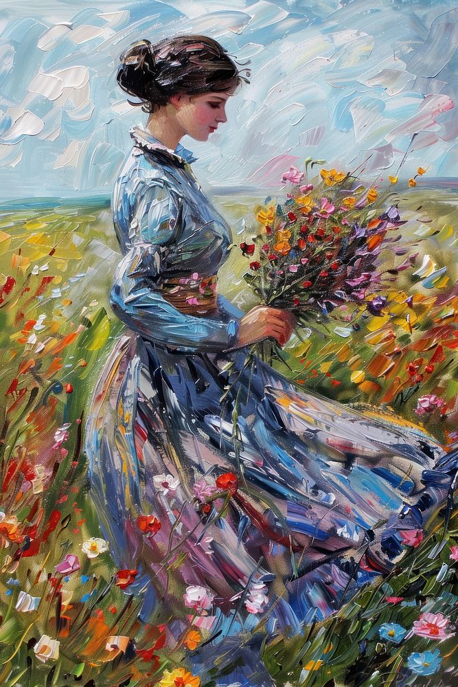 Woman portrait oil painting flower woman clothing.