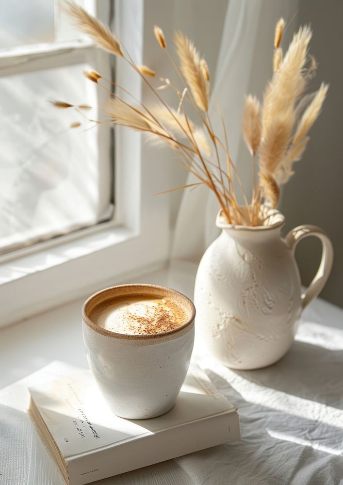 Latte windowsill beverage coffee.