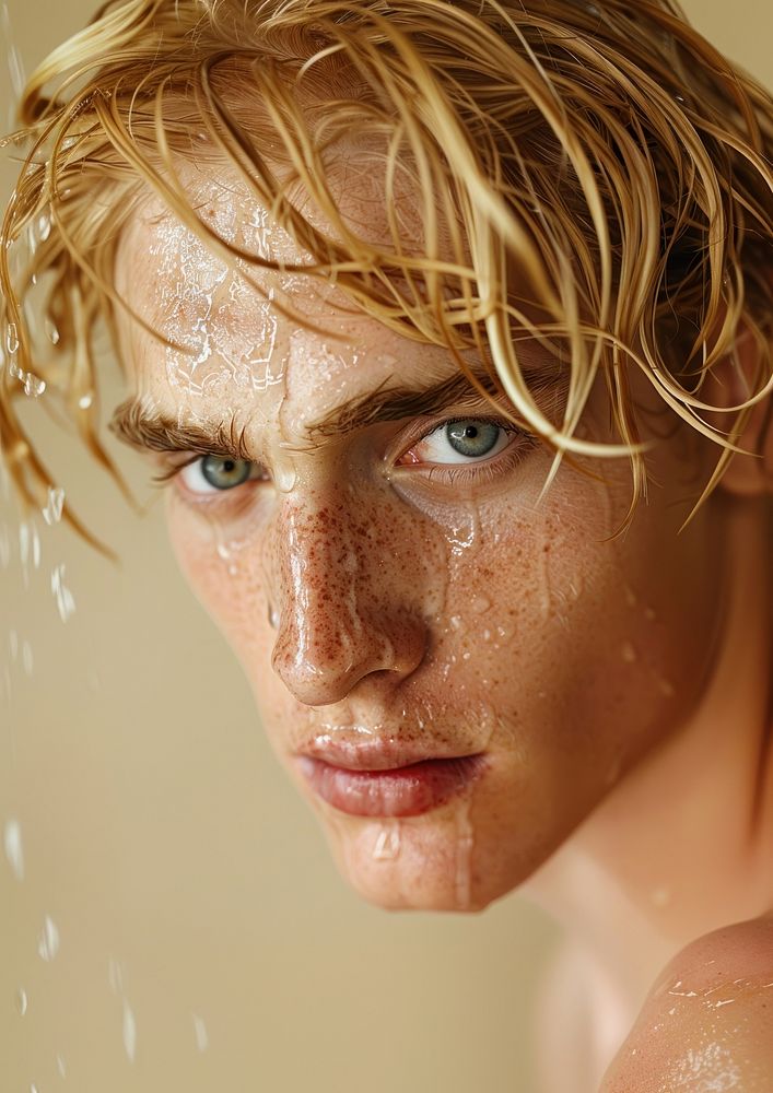 A man with wet blonde hair sweating person human.
