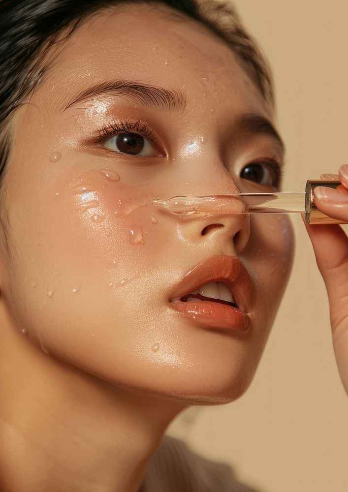 South East Asian woman applying facial serum drops cosmetics sweating female.