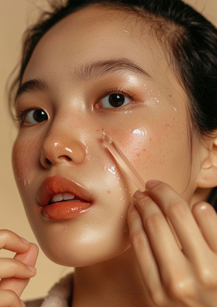 South East Asian woman applying facial serum drops cosmetics person makeup.