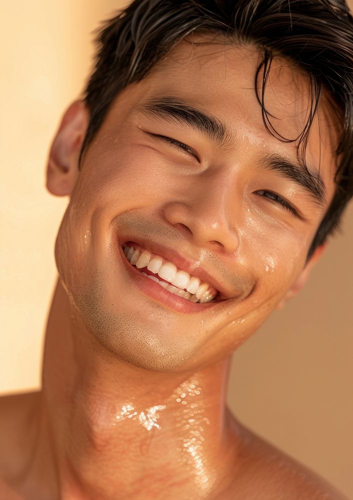 South East Asian man happy smile sweating.