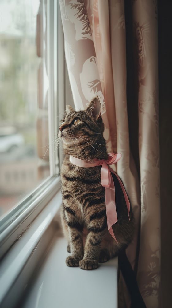 Cat with pink bow animal windowsill mammal.