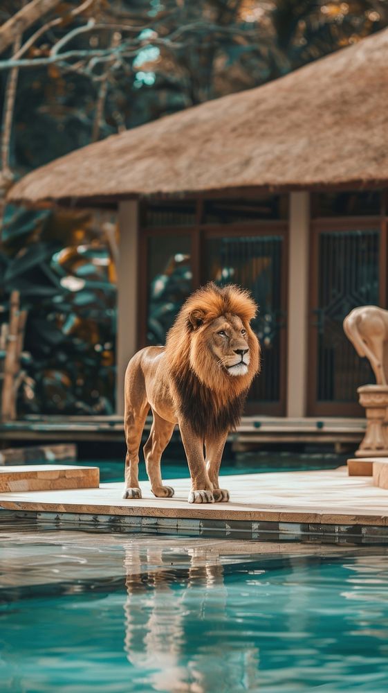 Lion wildlife animal pool.