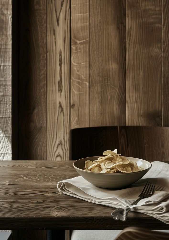 Scandinavian-style restaurant table bowl wood fork.