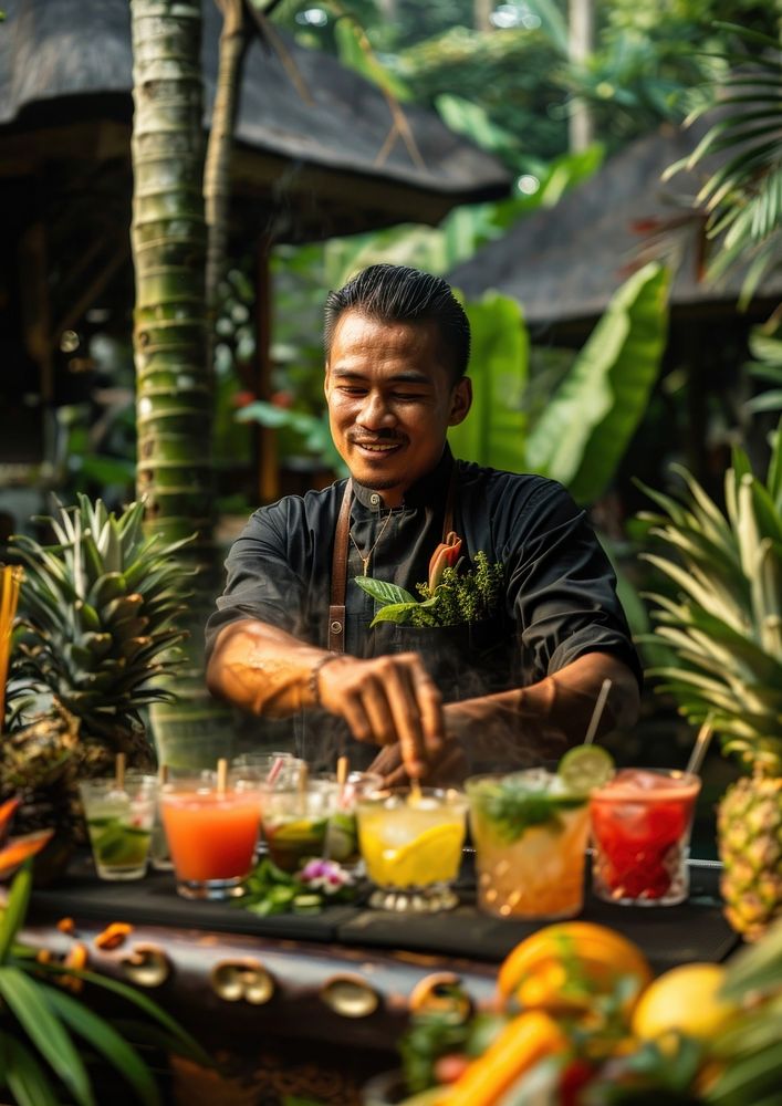 A mixologist crafting cocktails pineapple produce person.