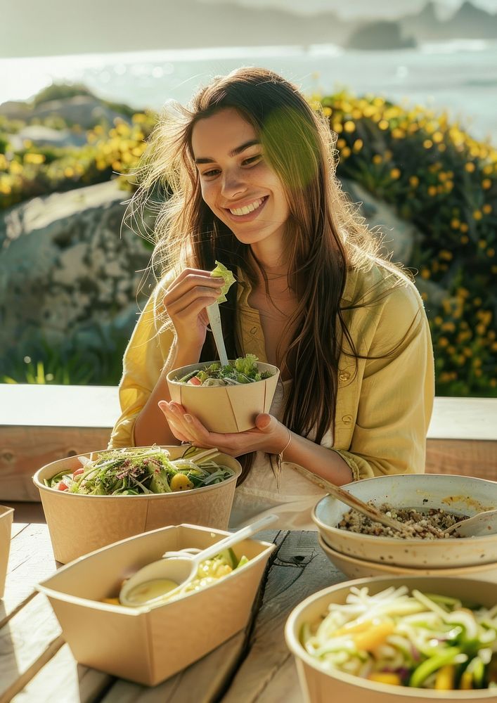 A photo of happy woman eating bowl cutlery brunch.