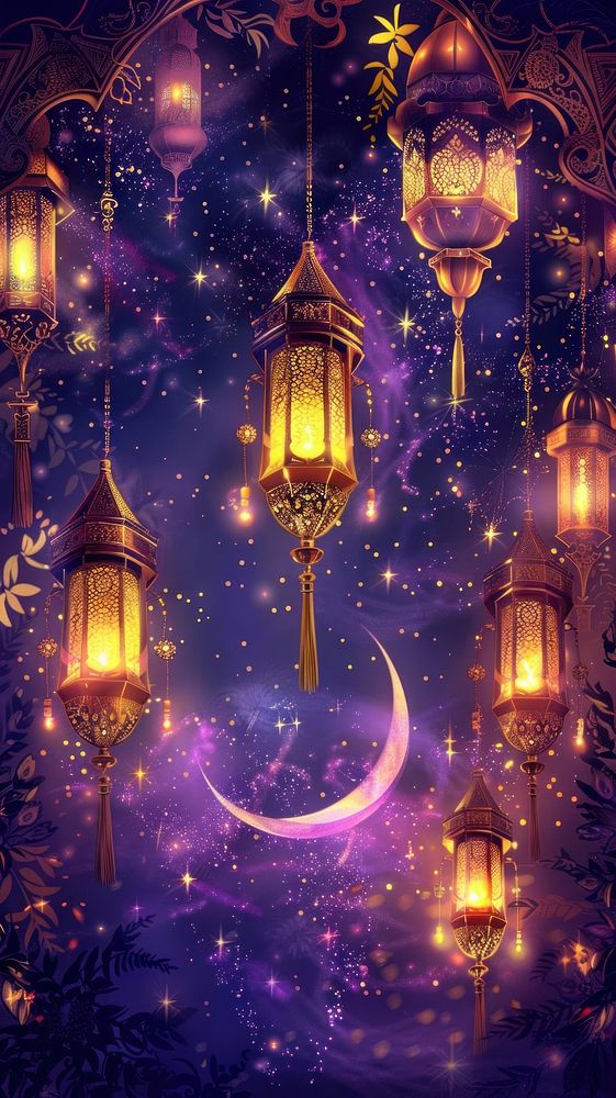 Illustration design Eid Mubarak day purple art chandelier.