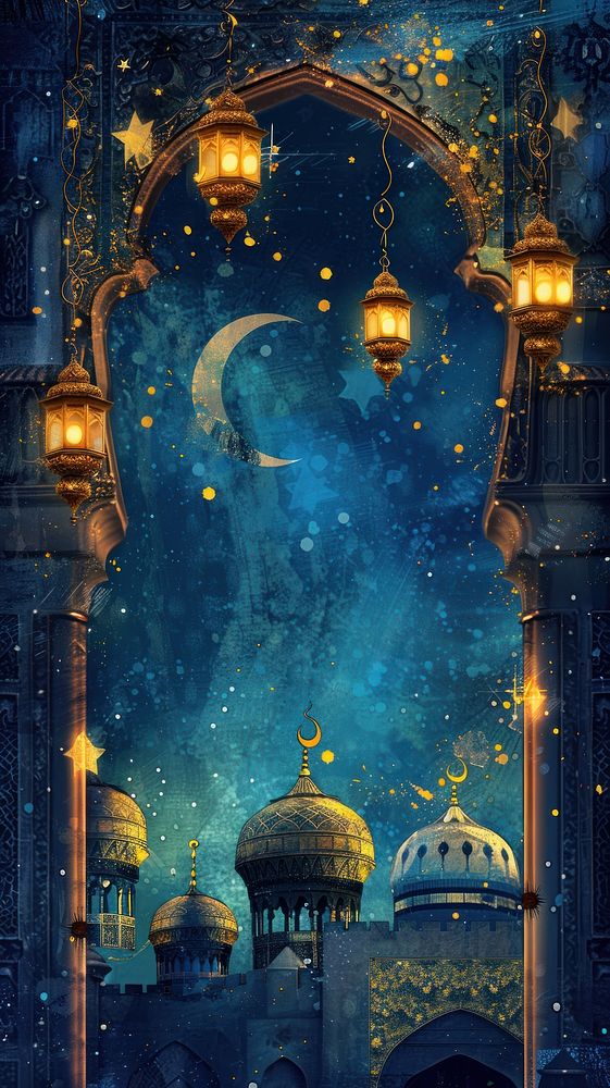 Illustration design Eid Mubarak day arch architecture chandelier.