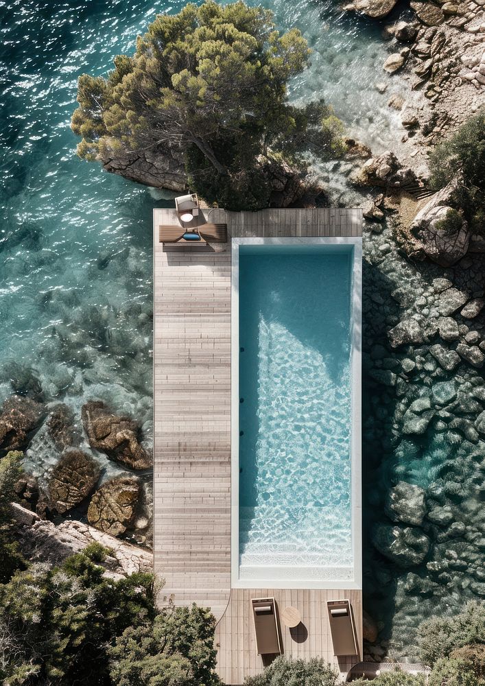 Minimalistic hotel pool outdoors sea nature.