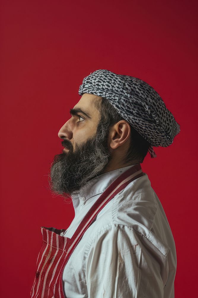 Middle eastern butcher side portrait clothing apparel person.
