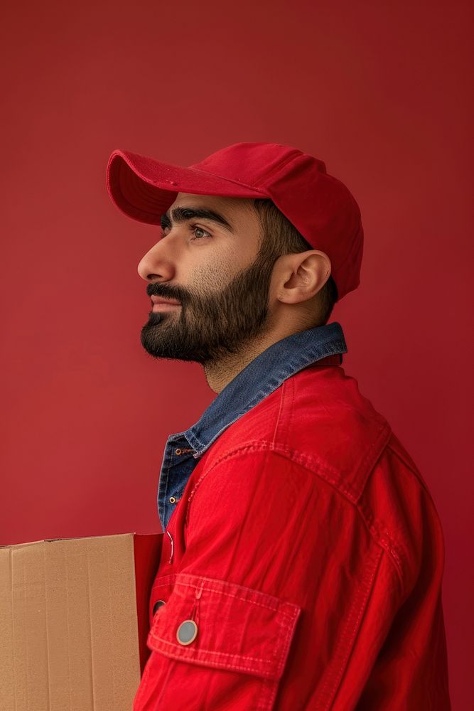 Middle eastern delivery man side portrait clothing apparel person.