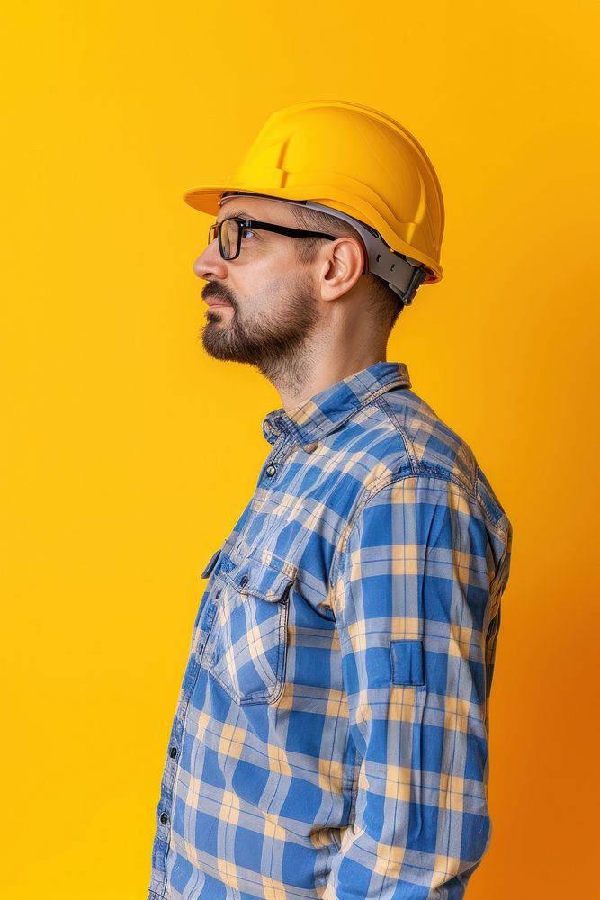 American construction worker side portrait clothing apparel hardhat.