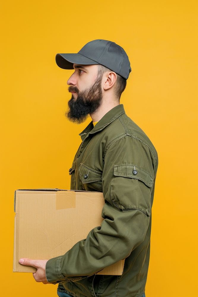 American delivery man side portrait cardboard package carton.