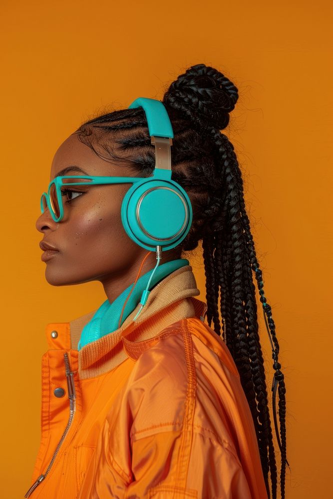 American woman Dj side portrait electronics headphones cornrows.