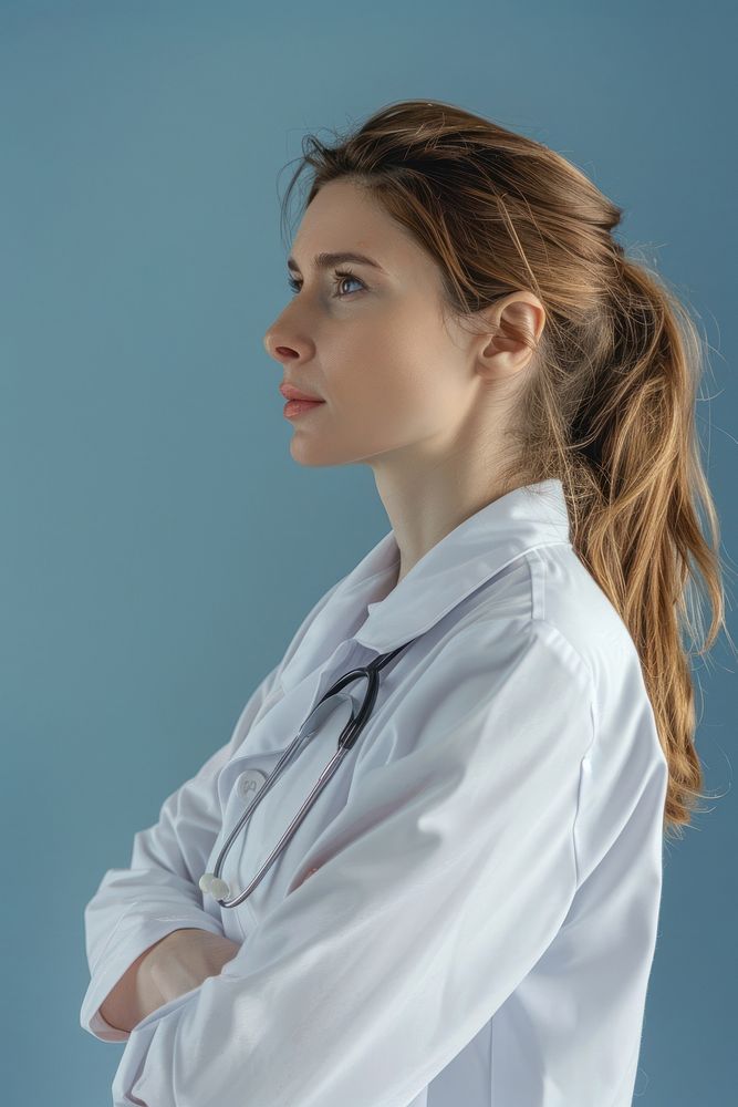 American woman doctor side portrait clothing apparel person.