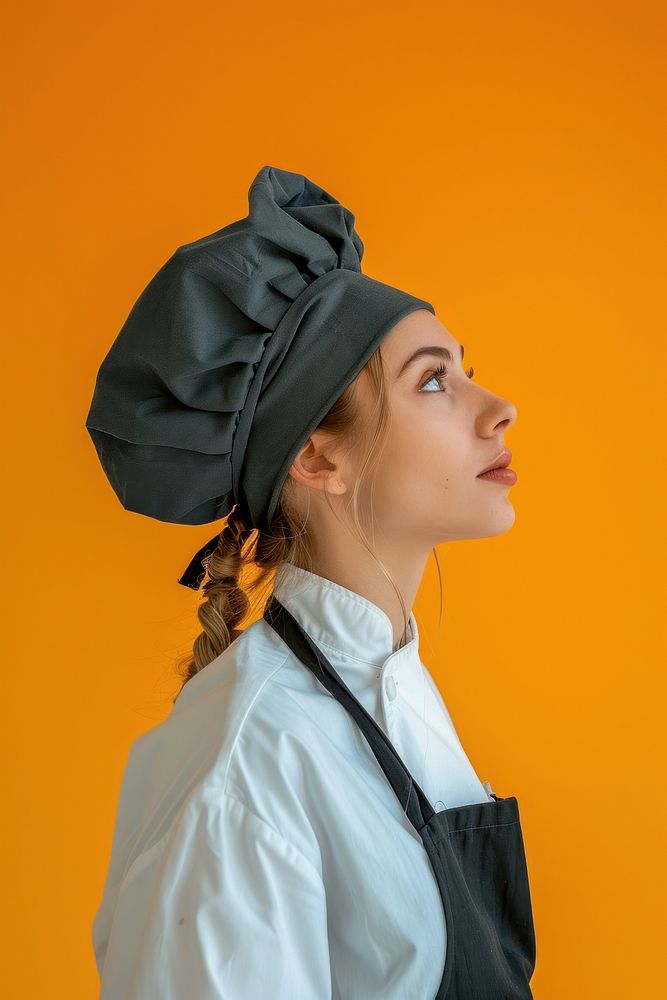 Americanwoman chef side portrait clothing apparel bonnet.