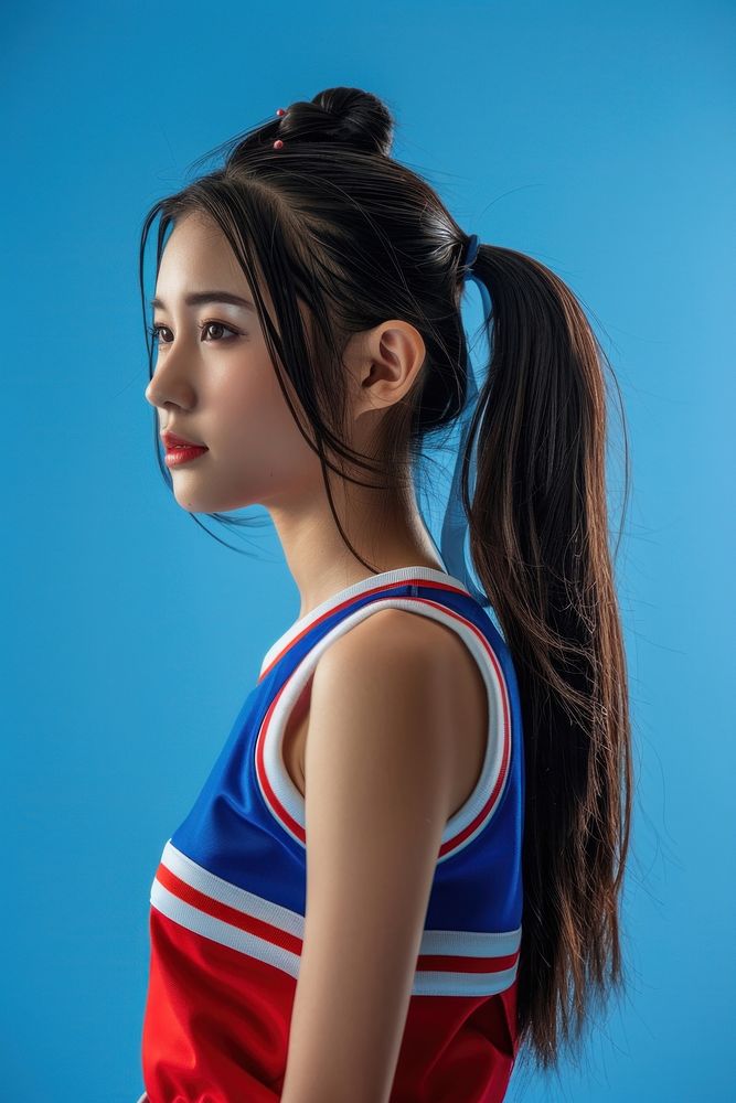 Asian cheerleader side portrait ponytail female person.