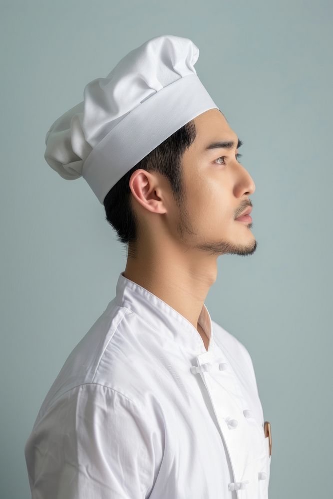 Asian chef side portrait clothing apparel person.