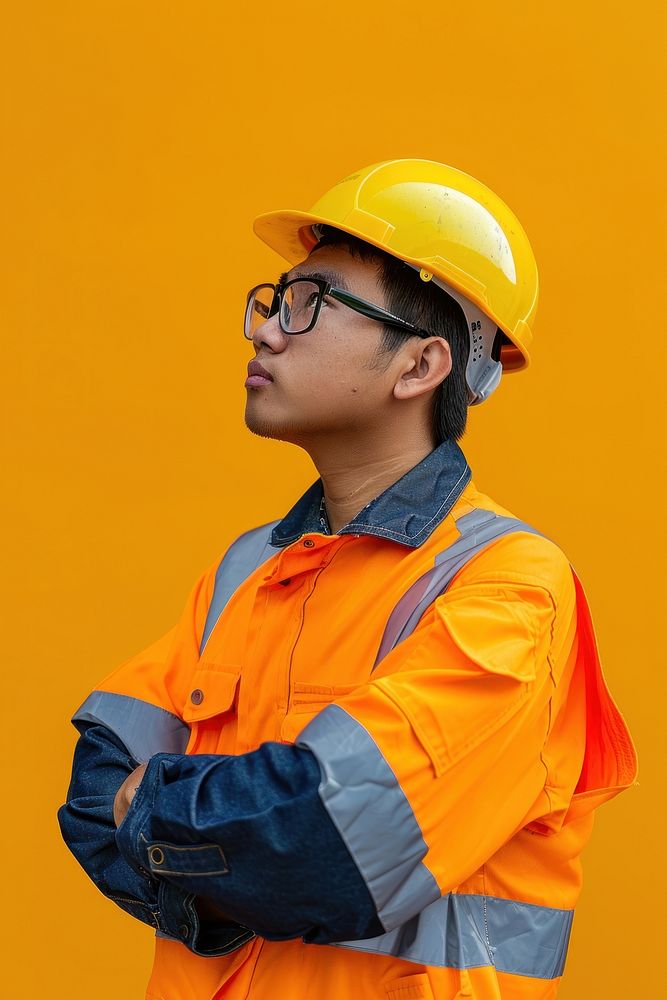 Asian construction worker side portrait clothing apparel hardhat.