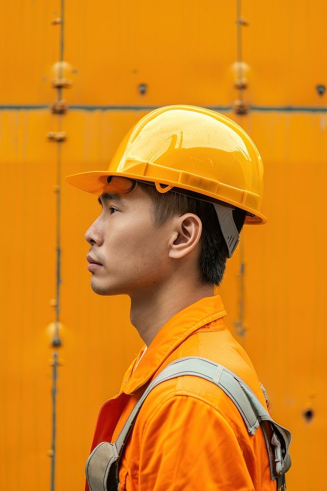 Asian construction worker side portrait clothing apparel hardhat.