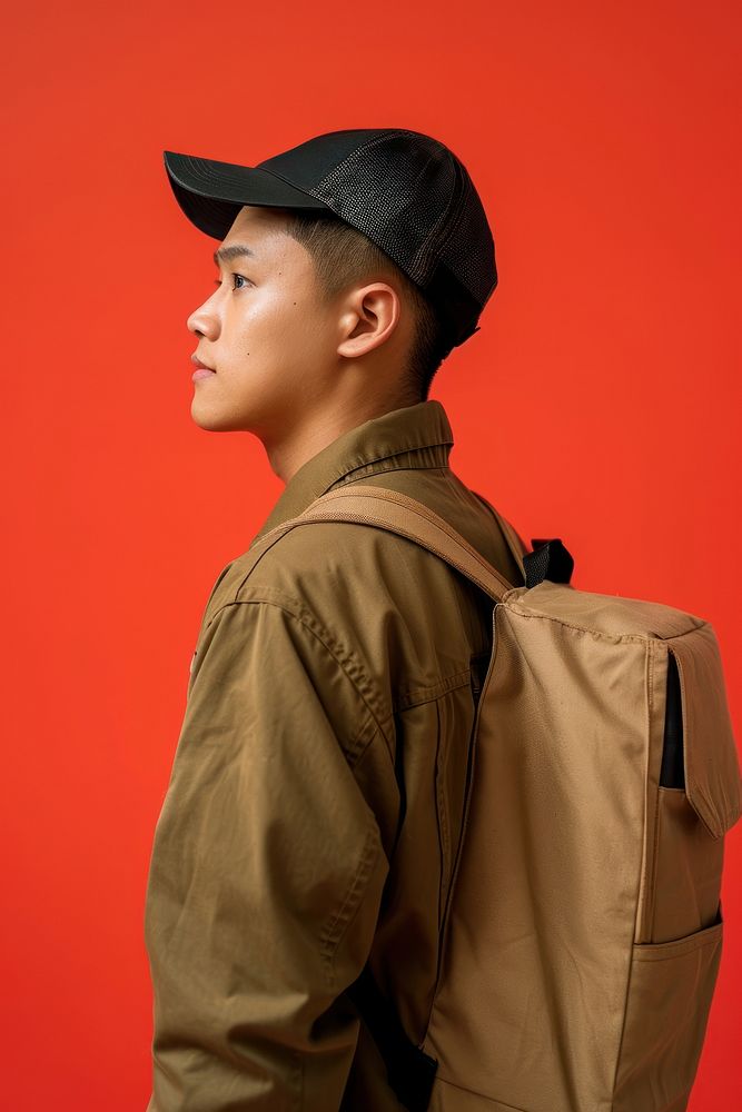 Asian delivery man side portrait clothing backpack military.