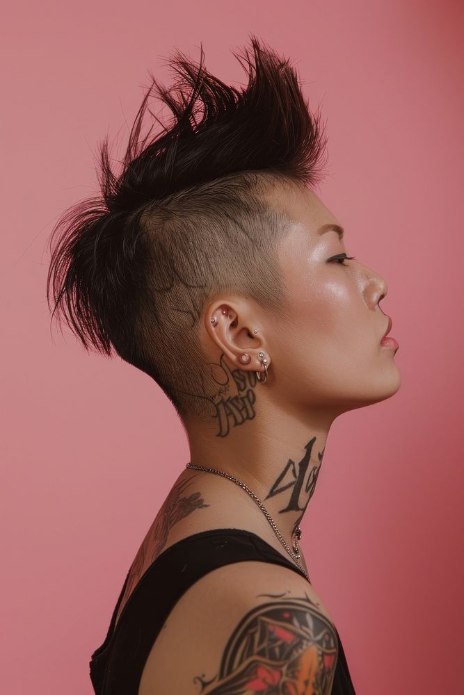 Asian punk rock side portrait person female tattoo.