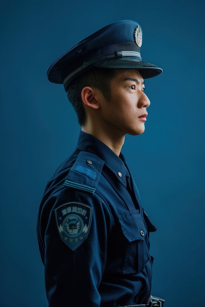 Asian police side portrait officer person human.