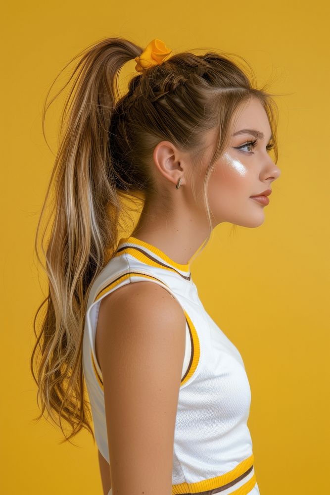 Cheerleader side portrait ponytail female person.