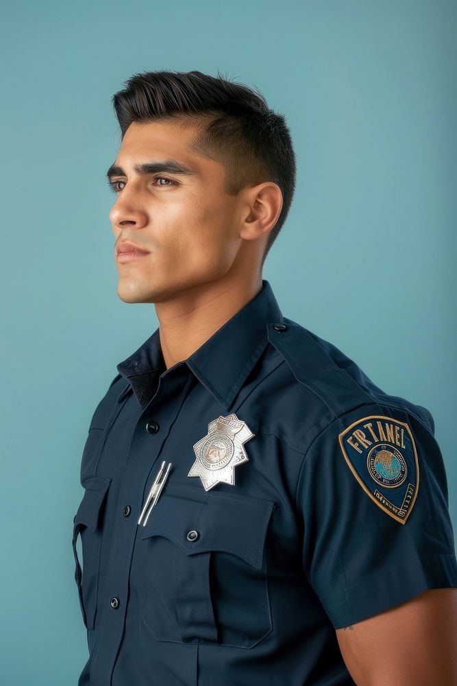 Latinx police side portrait clothing officer apparel.