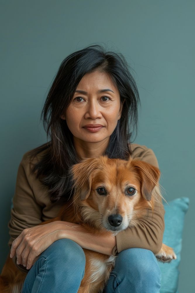 Sitting holding a dog portrait woman photo.
