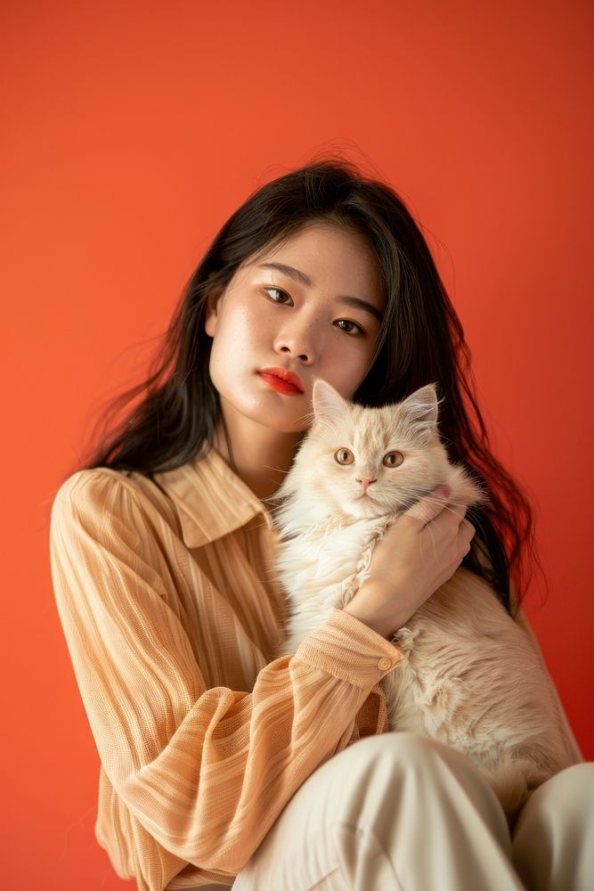 Sitting holding a cat portrait photo woman.