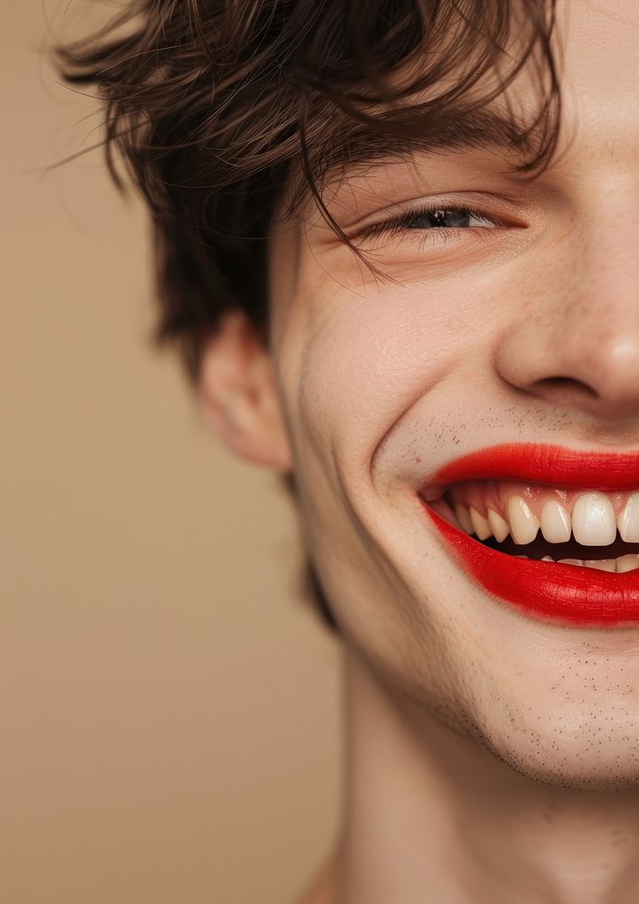 Happy man with deep red lips smile dimples person.