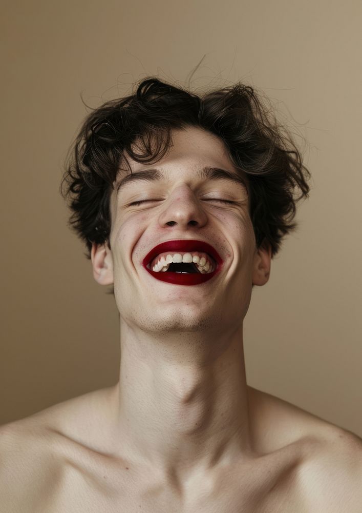 Happy man with deep red lips laughing person human.