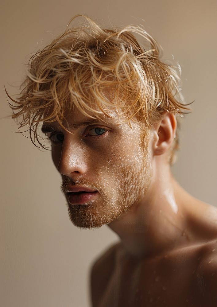 Man with wet blond hair sweating blonde person.