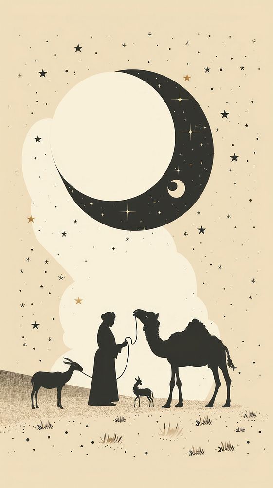 Vector ramadan background camel moon silhouette.