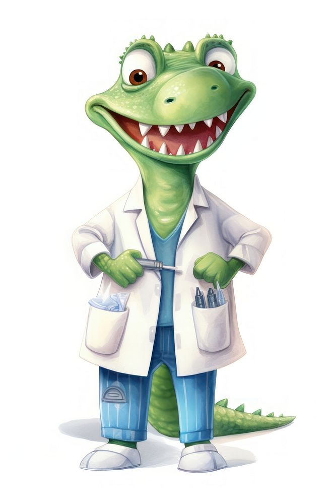 A crocodile dentist character cartoon clothing figurine apparel.