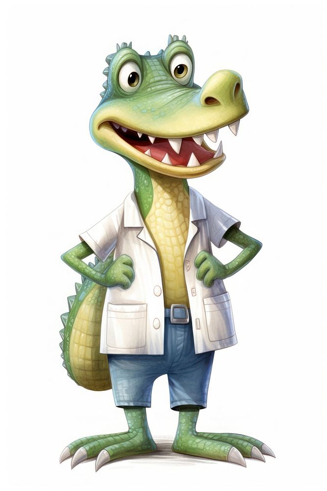 A crocodile dentist character cartoon clothing apparel reptile.
