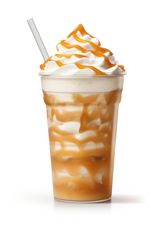 Iced caramel latte topped with whipped cream and caramel sauce beverage smoothie dessert.