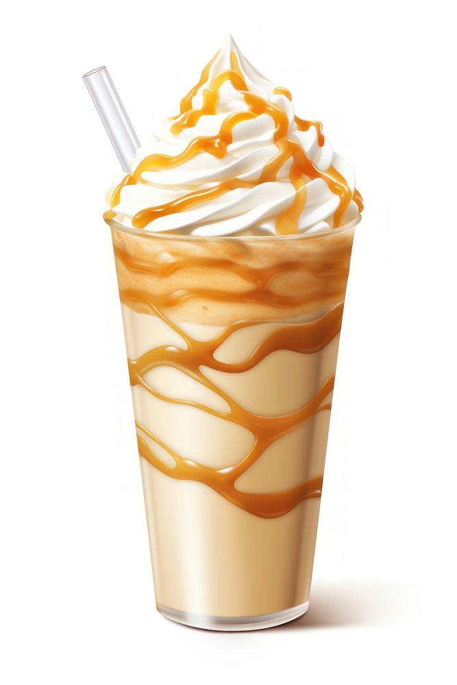 Iced caramel latte topped with whipped cream and caramel sauce milkshake beverage smoothie.