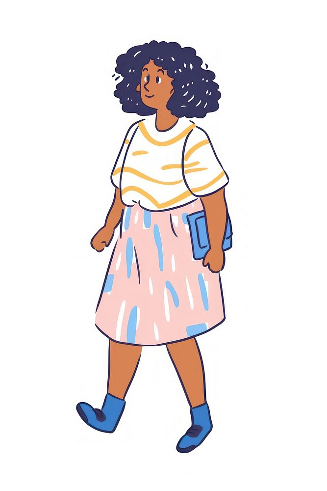 Doodle illustration of african american female teenager chubby walking character art illustrated clothing.