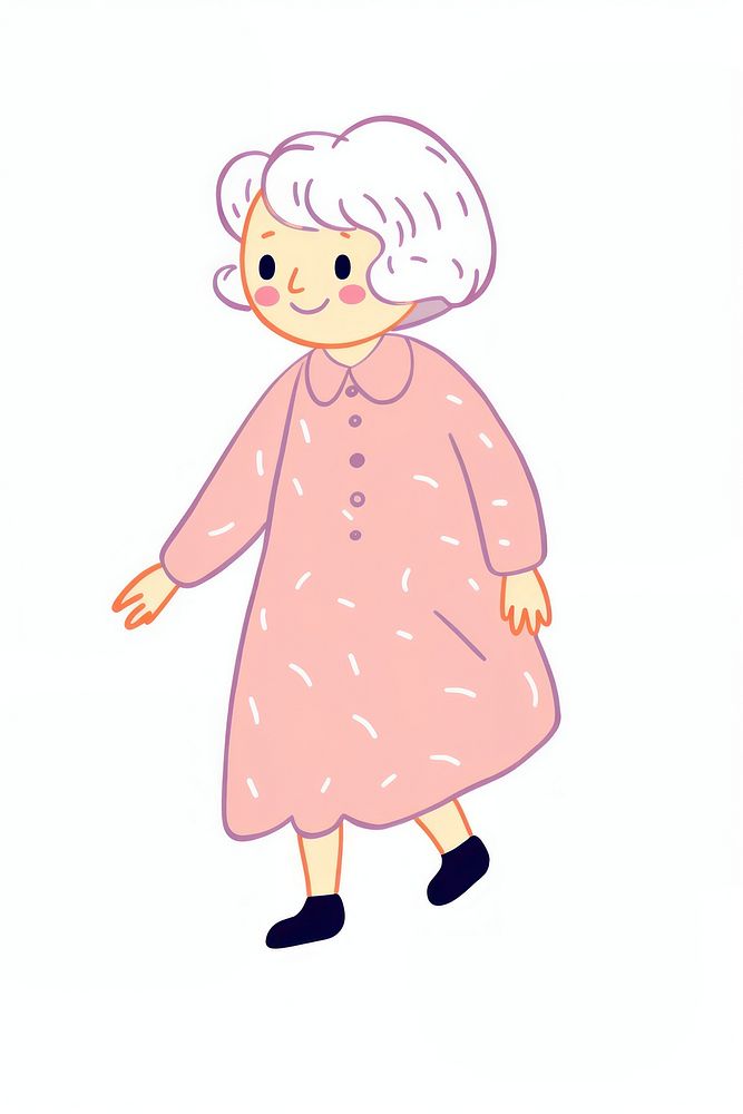 Doodle illustration of female elderly walking character cartoon clothing apparel.