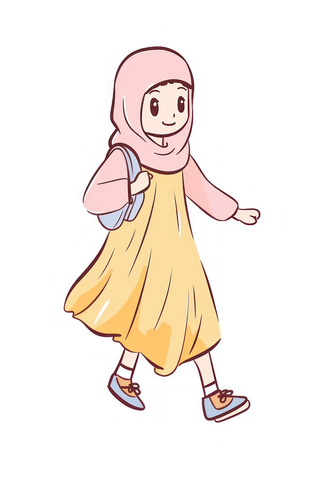 Doodle illustration of female middle east walking character cartoon illustrated publication.